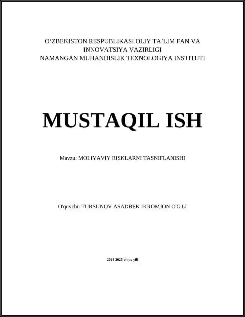 MOLIYAVIY RISKLARNI TASNIFLANISHI