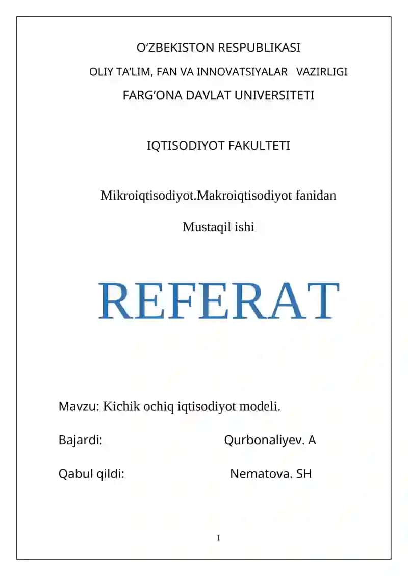 Kichik оchiq iqtisоdiyot mоdеli