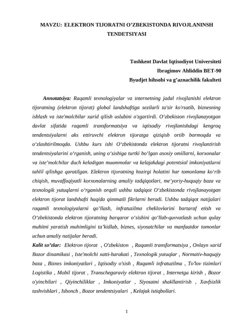 Elektron tijoratni o'zbekistonda rivojlanish tendetsiyalari