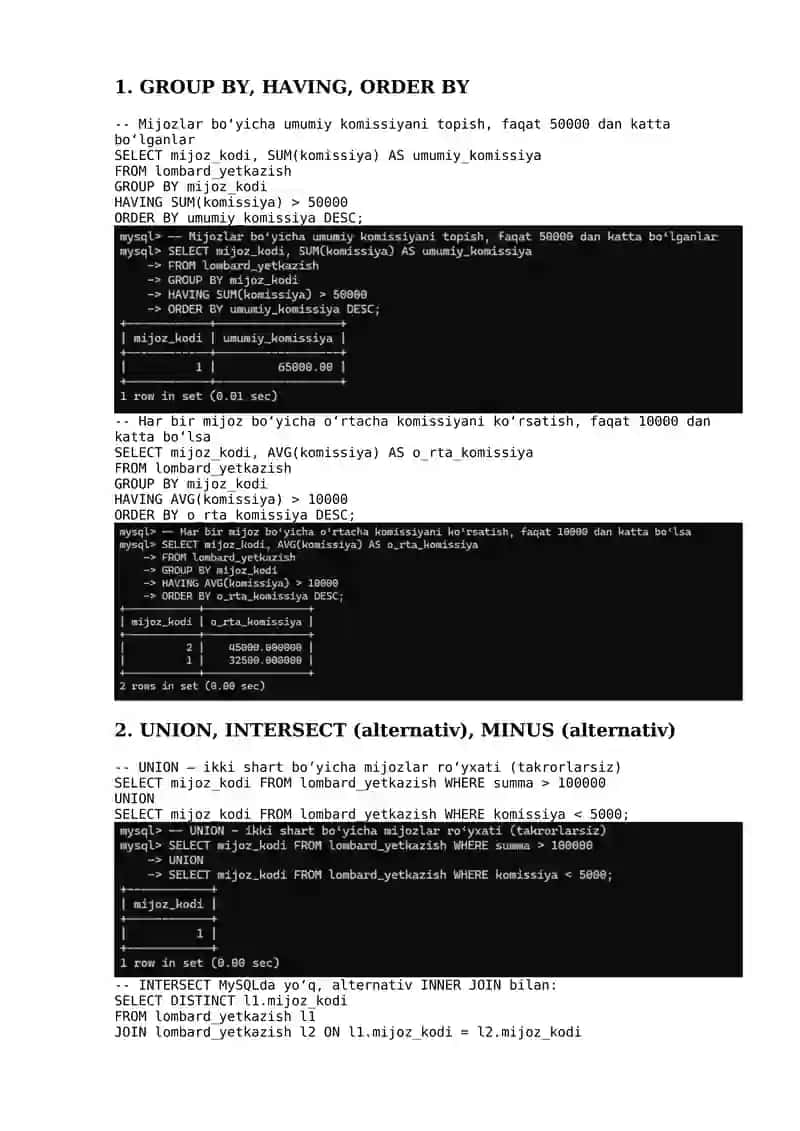 UNION, INTERSECT (alternativ), MINUS (alternativ)