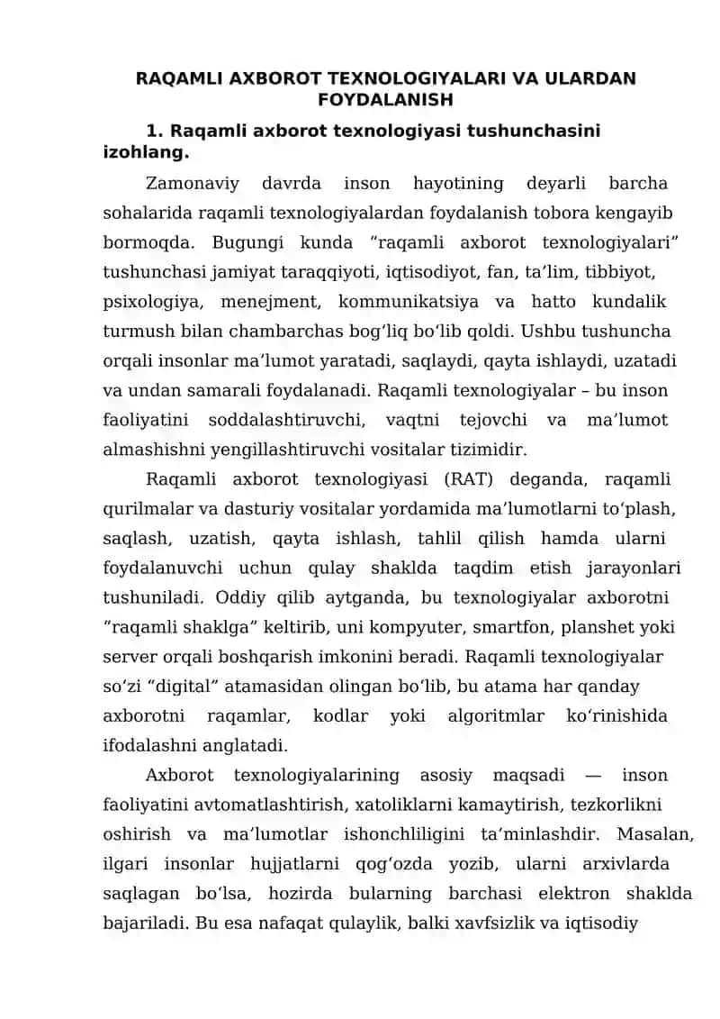 RAQAMLI AXBOROT TEXNOLOGIYALARI VA ULARDAN FOYDALANISH