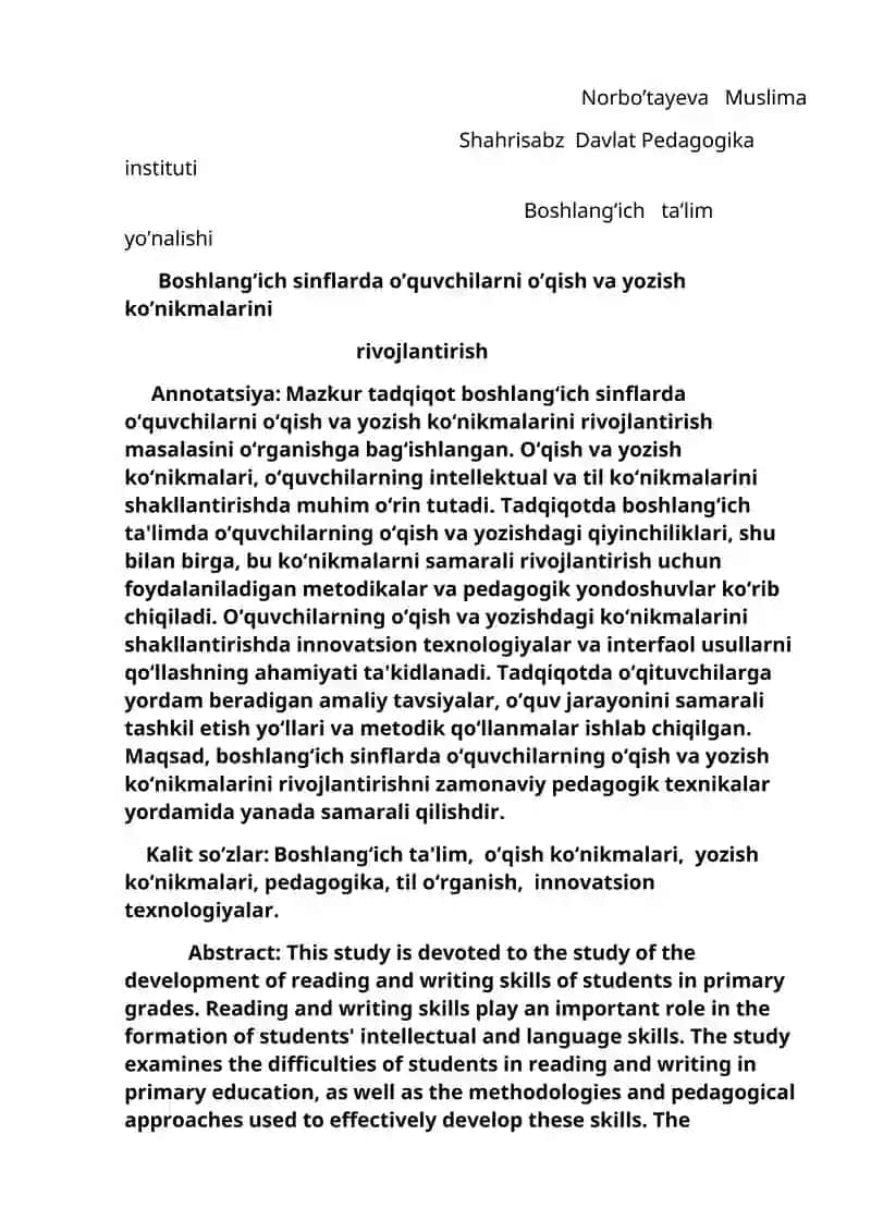 Boshlang’ich sinflarda o’quvchilarni o’qish va yozish ko’nikmalarini rivojlantirish