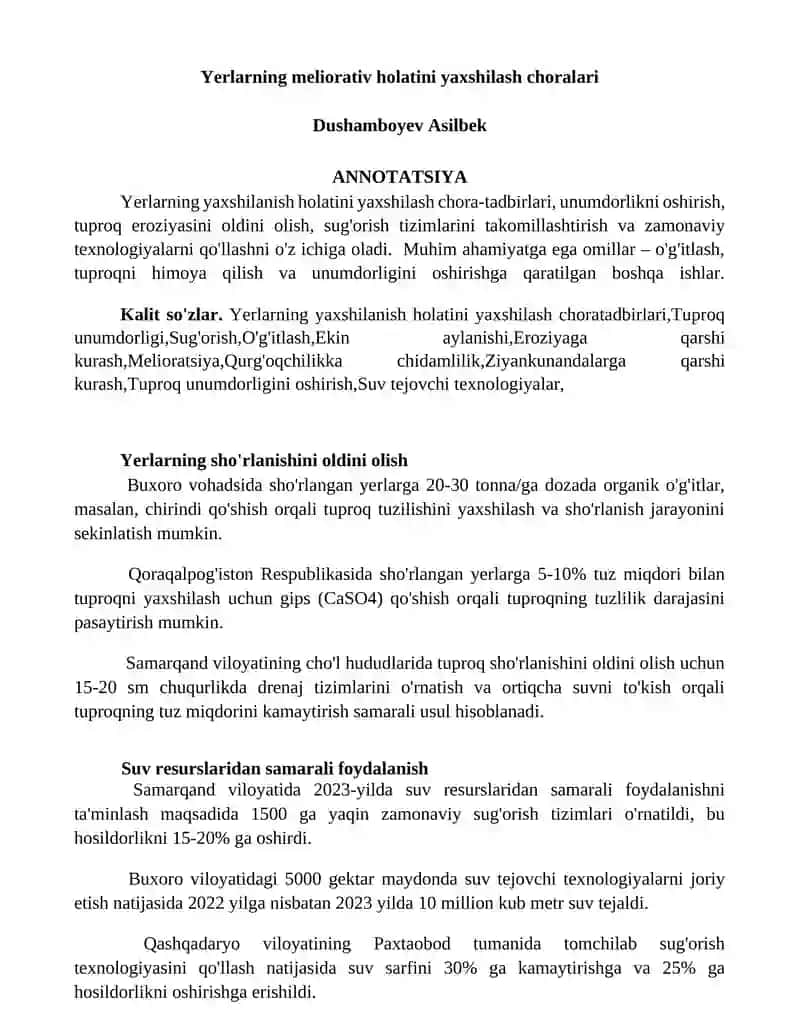 Yerlarning meliorativ holatini yaxshilash choralari