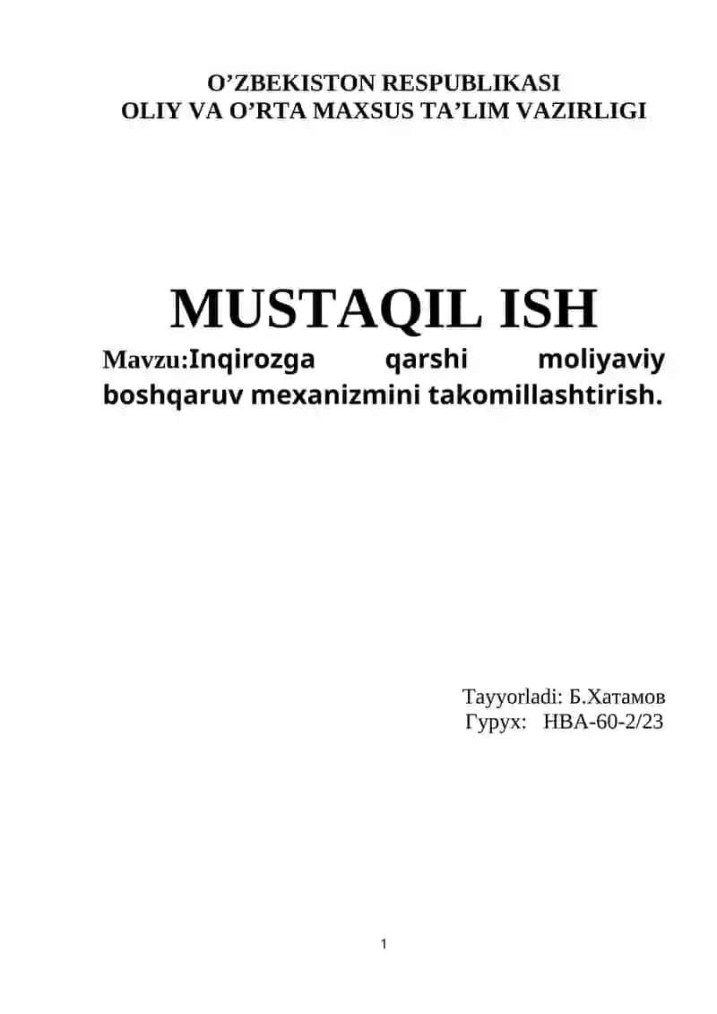 Inqirozga qarshi moliyaviy boshqaruv mexanizmini takomillashtirish