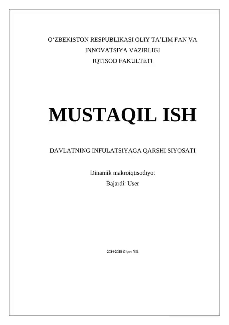 Davlatning Inflyatsiyaga Qarshi Siyosati