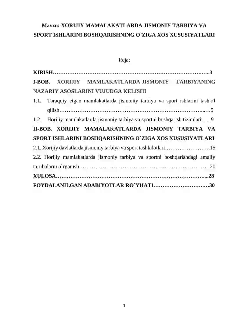 XORIJIY MAMALAKATLARDA JISMONIY TARBIYA VA SPORT ISHLARINI BOSHQARISHNING O`ZIGA XOS XUSUSIYATLARI
