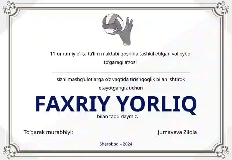 Voleybol toʻgaragi uchun faxriy yorliq