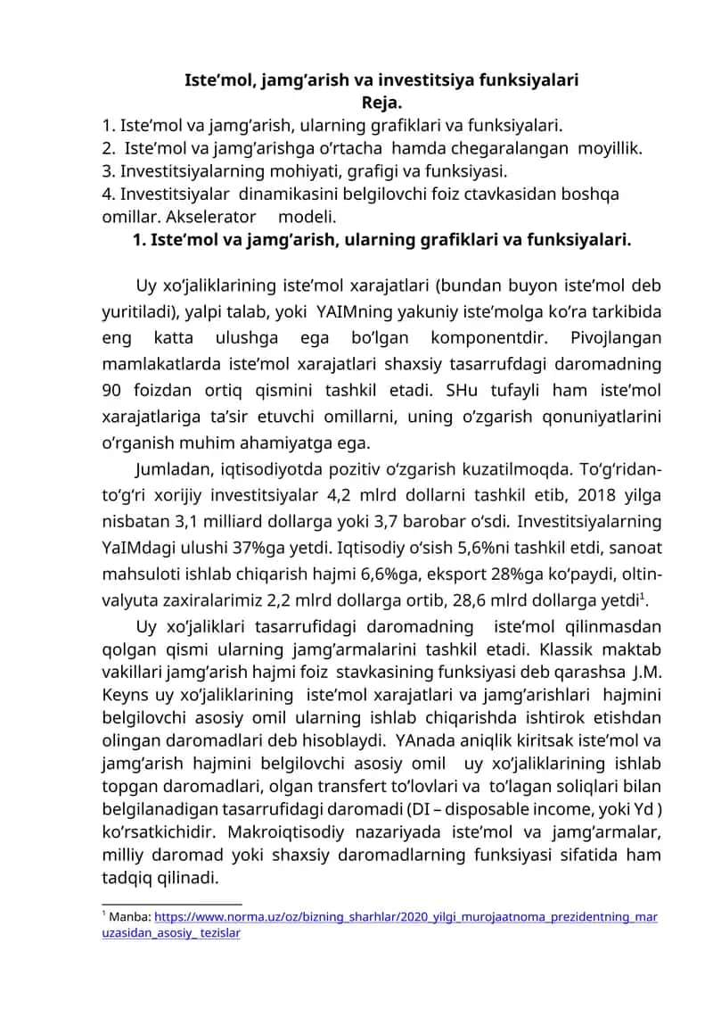 Iste’mol, jamg’arish va investitsiya funksiyalari