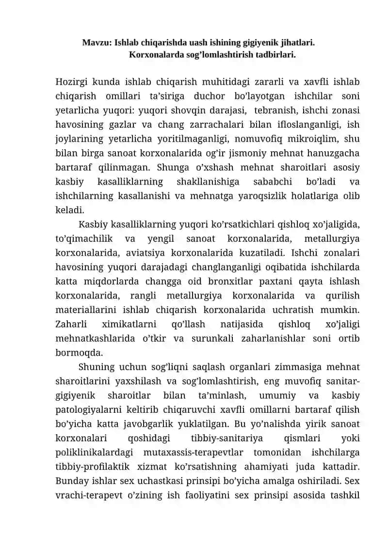 Ishlab chiqarishda uash ishining gigiyenik jihatlari. Korxonalarda sog’lomlashtirish tadbirlari.