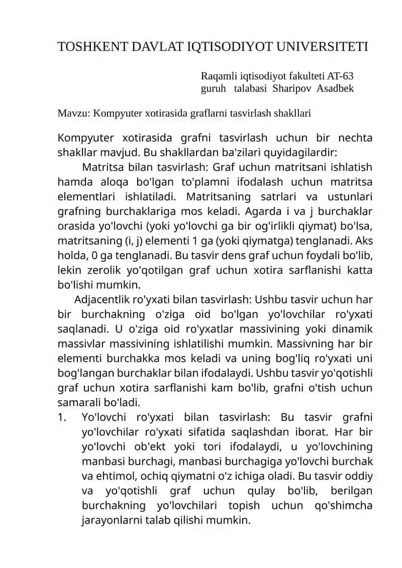 Kompyuter xotirasida graflarni tasvirlash shakllari
