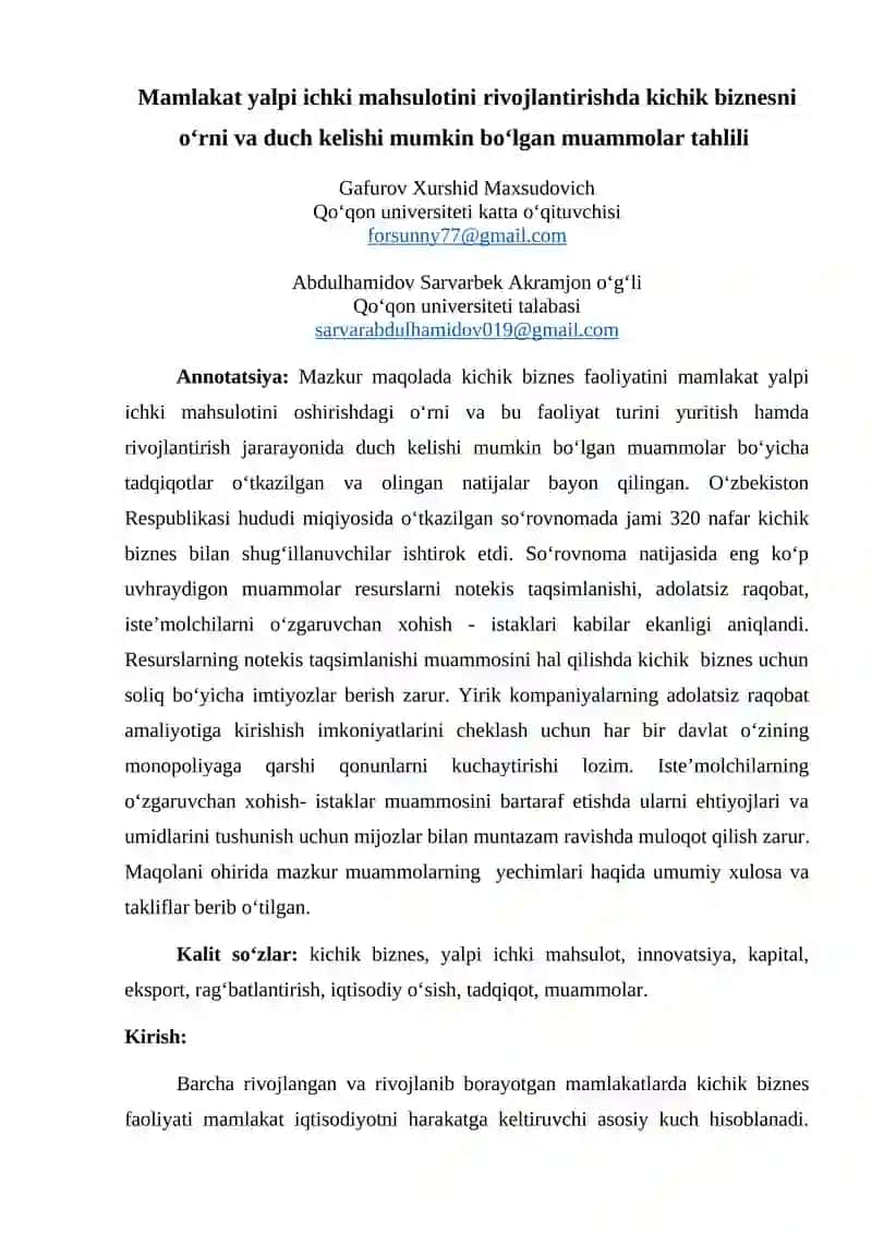 Mamlakat yalpi ichki mahsulotini rivojlantirishda kichik biznesni o‘rni va duch kelishi mumkin bo‘lgan muammolar tahlili