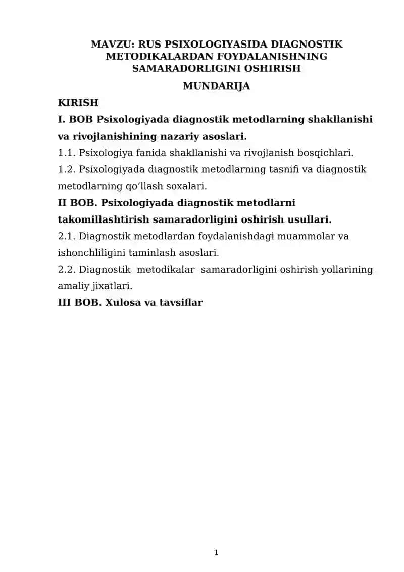 RUS PSIXOLOGIYASIDA DIAGNOSTIK METODIKALARDAN FOYDALANISHNING SAMARADORLIGINI OSHIRISH