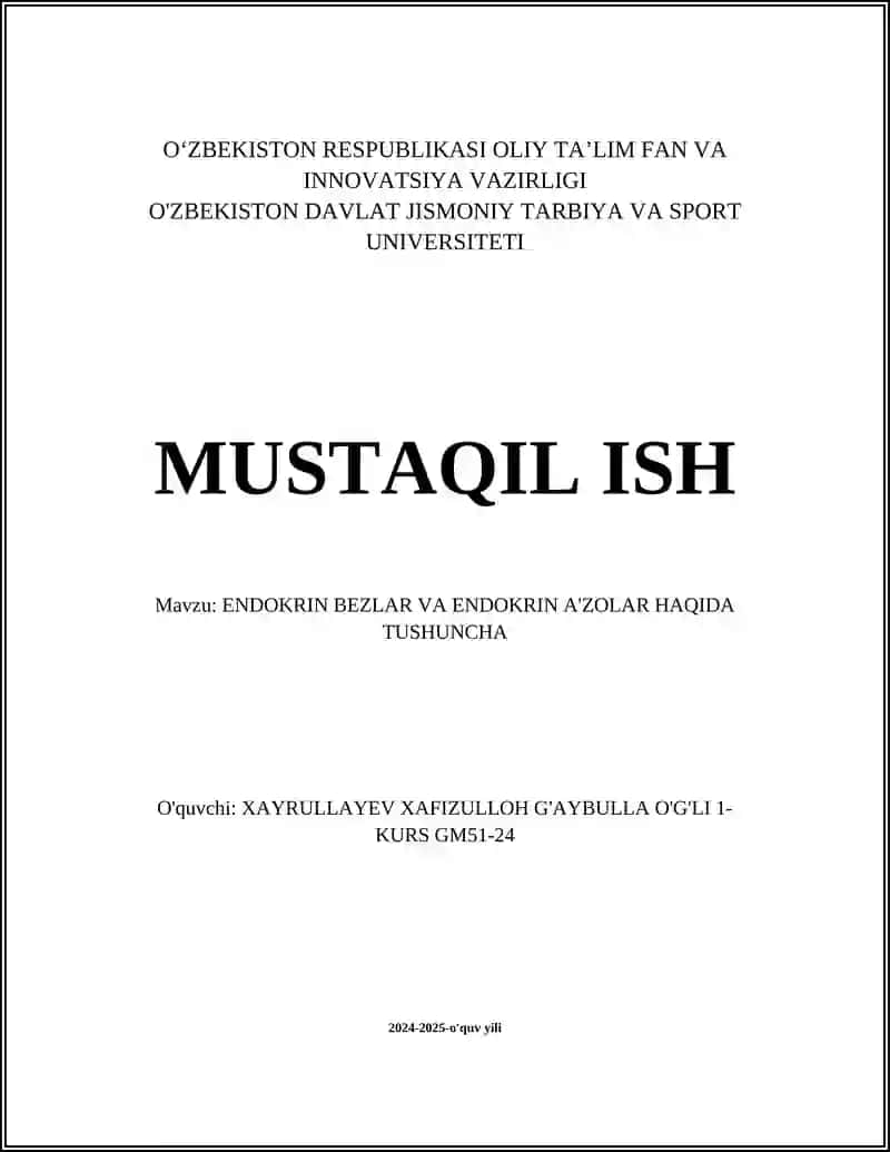 ENDOKRIN BEZLAR VA ENDOKRIN A'ZOLAR HAQIDA TUSHUNCHA