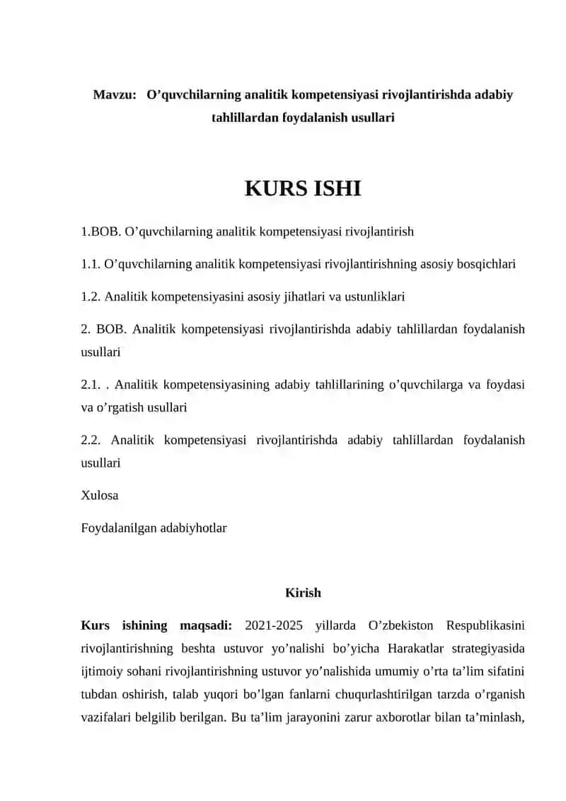 O’quvchilarning analitik kompetensiyasi rivojlantirishda adabiy tahlillardan foydalanish usullari