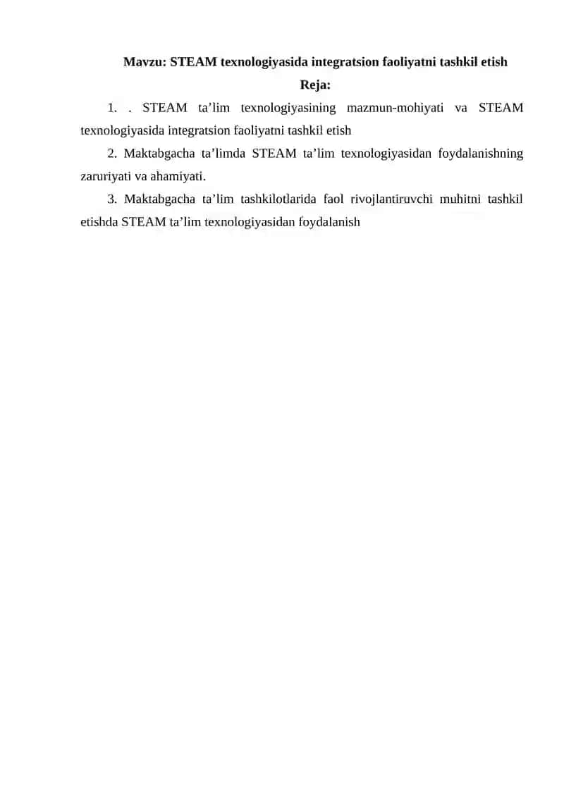 STEAM texnologiyasida integratsion faoliyatni tashkil etish