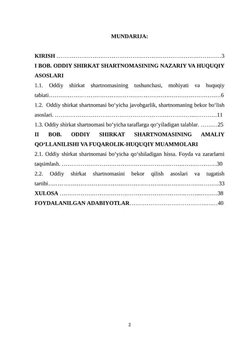ODDIY SHIRKAT SHARTNOMASINI FUQAROLIK-HUQUQIY TARTIBGA SOLISHNING OʻZIGA XOS XUSUSIYATLARI