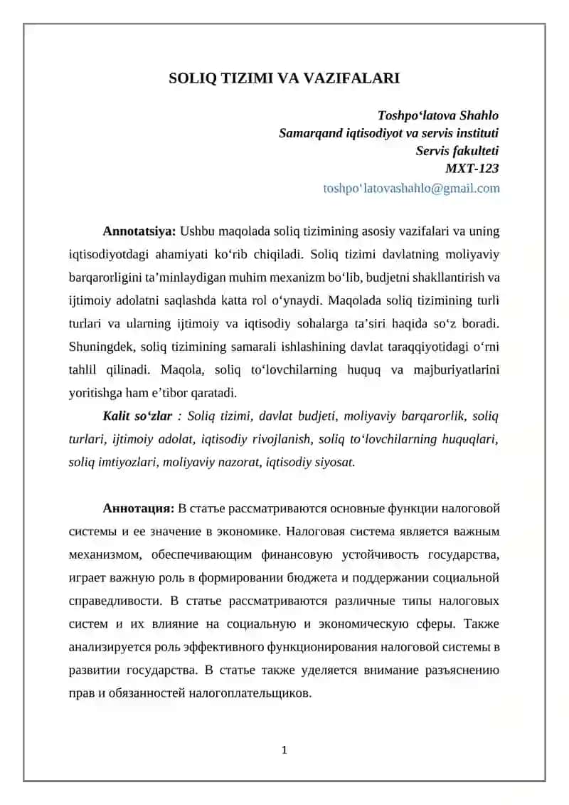 SOLIQ TIZIMI VA VAZIFALARI