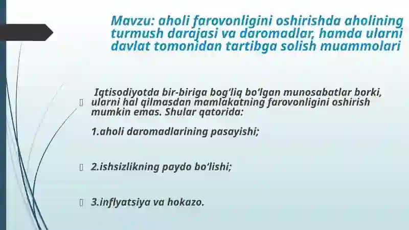 Aholi farovonligi oshirishda aholini turmush darajasini oshirish muammolari