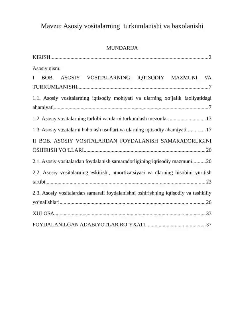 Asosiy vositalarning turkumlanishi va baxolanishi