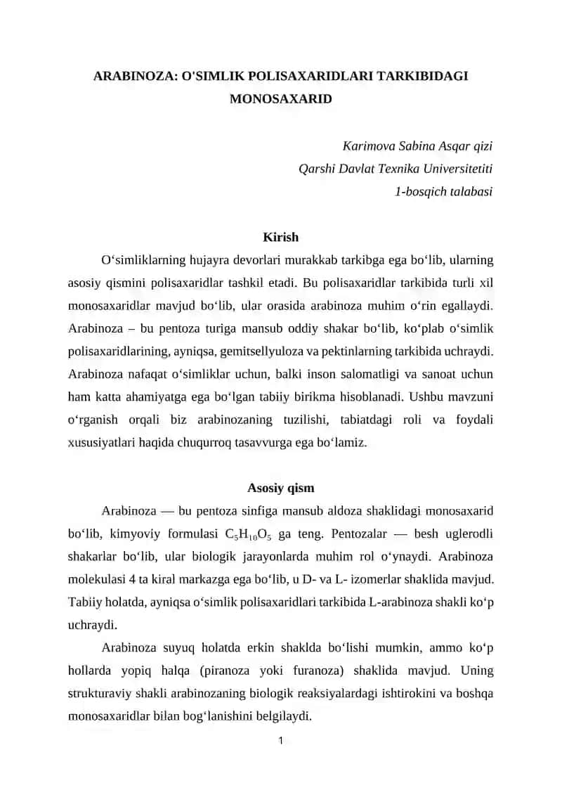 ARABINOZA: O'SIMLIK POLISAXARIDLARI TARKIBIDAGI MONOSAXARID
