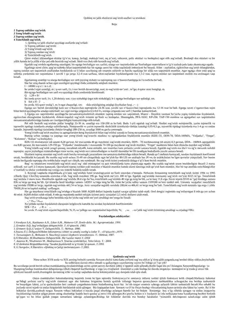 Qishloq xo’jalik ekinlarini sug’orish usullari va texnikasi