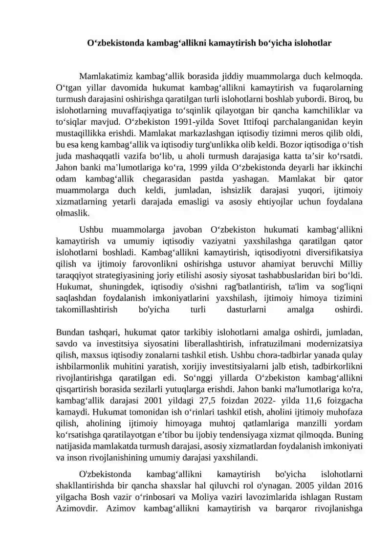 Kambag‘allikni kamaytirish bo‘yicha islohotlar
