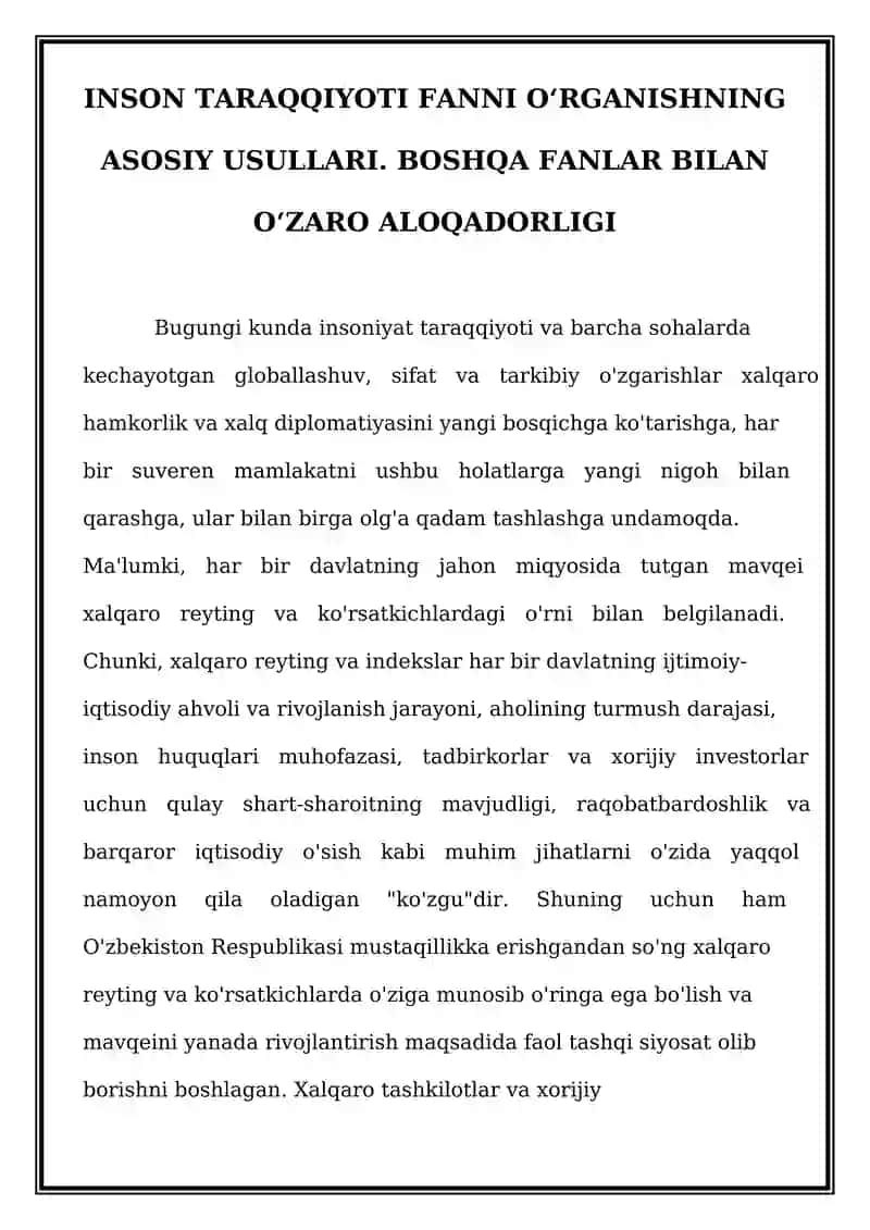 INSON TARAQQIYOTI FANNI O'RGANISHNING ASOSIY USULLARI