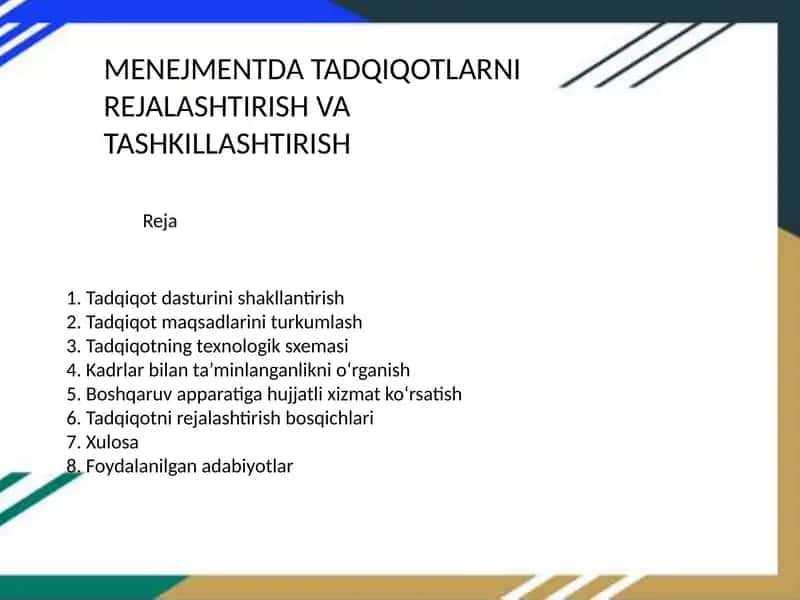 MENEJMENTDA TADQIQOTLARNI REJALASHTIRISH VA TASHKILLASHTIRISH