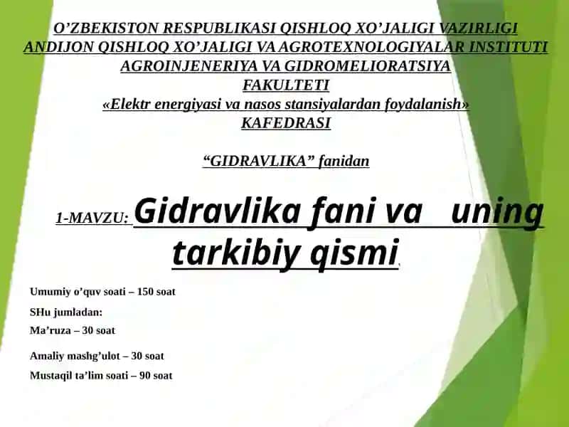 Gidravlika fanining tarkibiy qismi