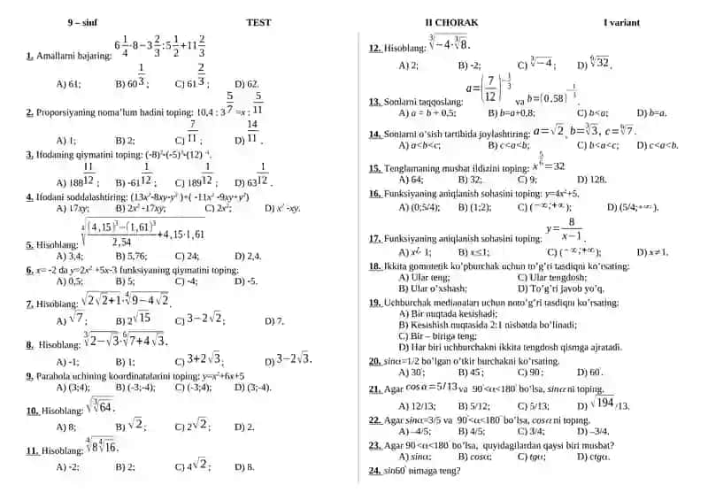 9-sinf Algebra TEST II CHORAK 2 ta variant