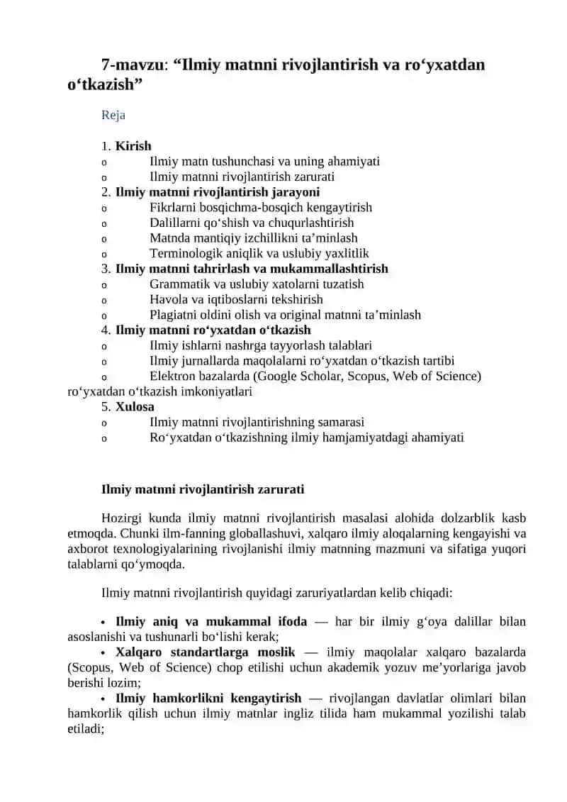Ilmiy matnni rivojlantirish va ro‘yxatdan o‘tkazish