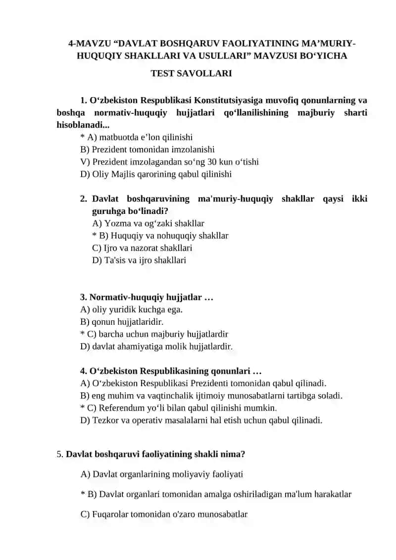 DAVLAT BOSHQARUV FAOLIYATINING MA’MURIY-HUQUQIY SHAKLLARI VA USULLARI