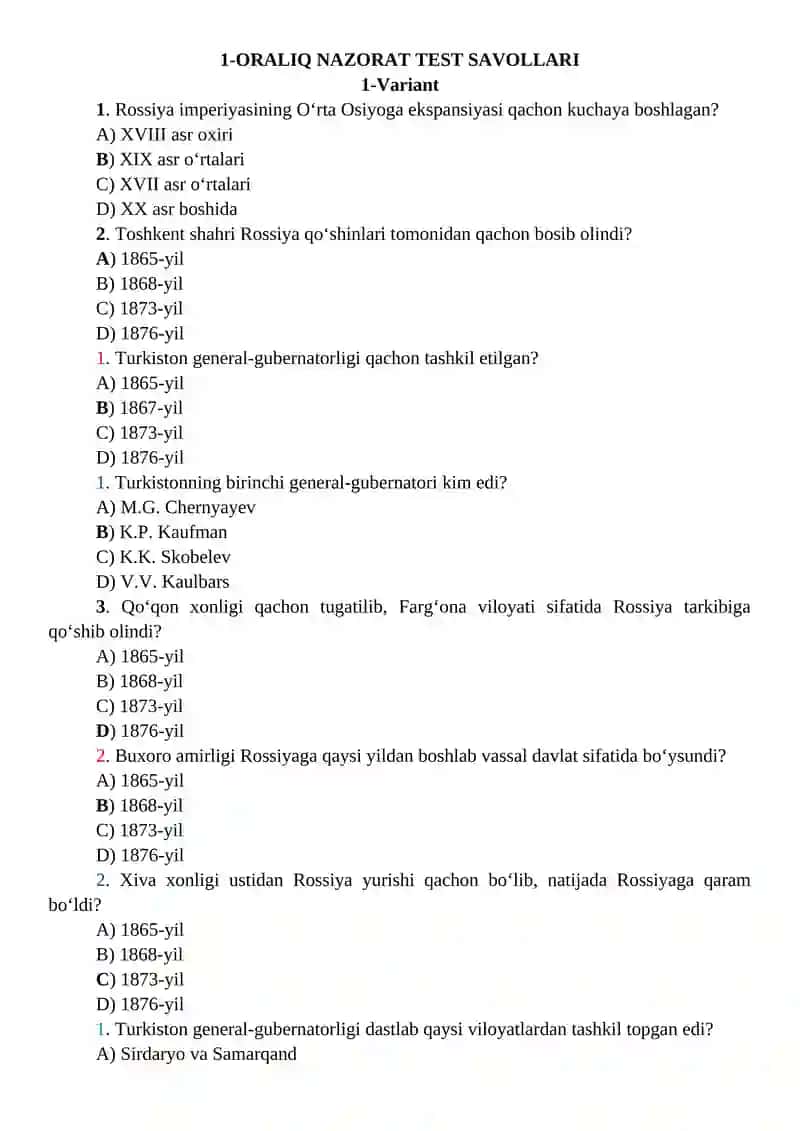 ORALIQ NAZORAT TEST SAVOLLARI