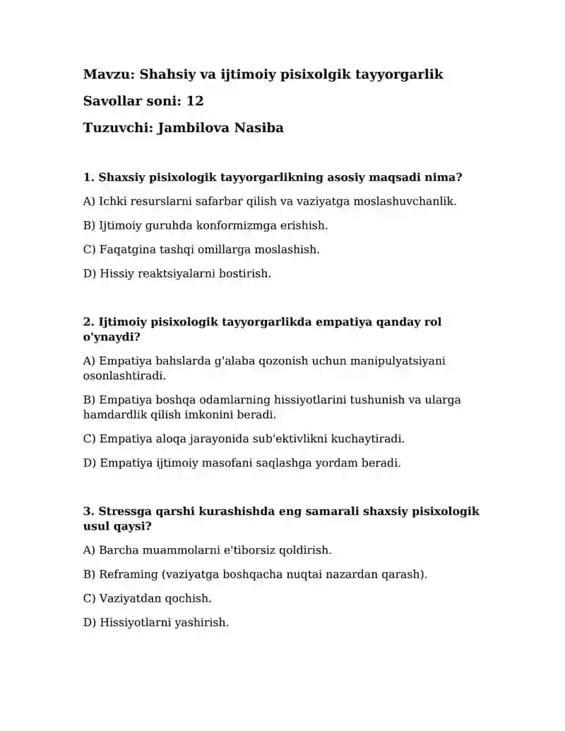 Shahsiy va ijtimoiy psixologik tayyorgarlik