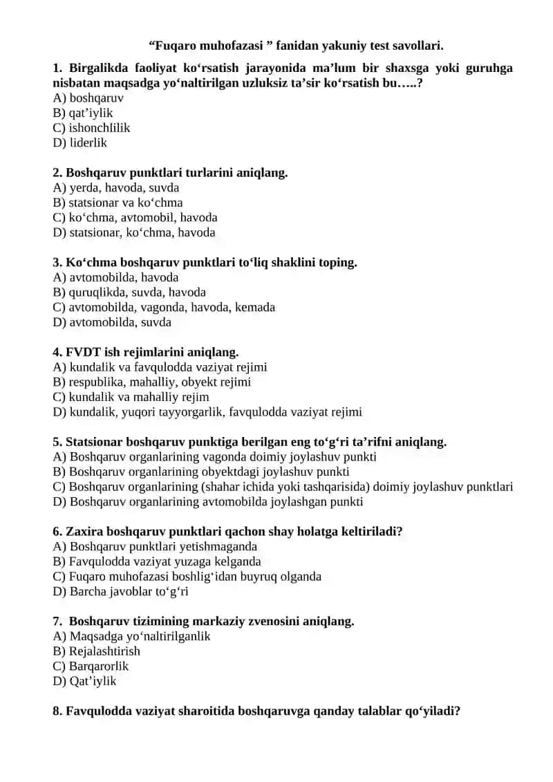 "Fuqaro muhofazasi" fanidan yakuniy test savollari