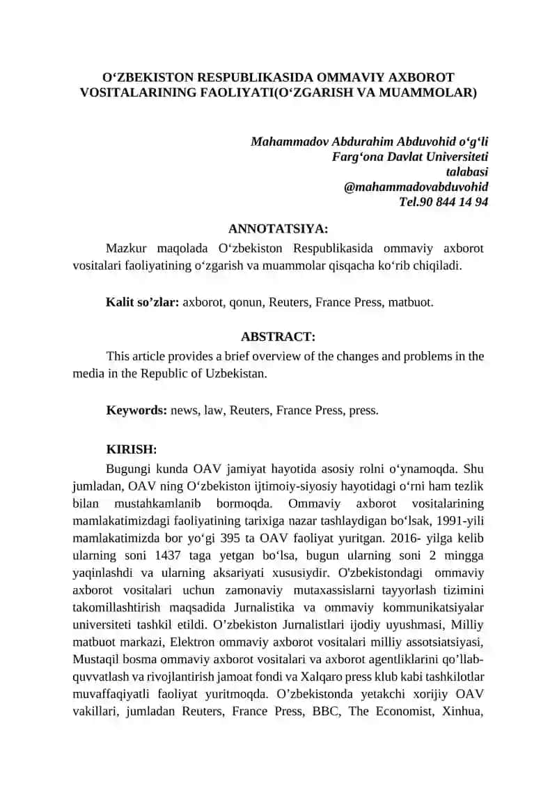 Ommaviy axborot vositalarining faoliyati(Oʻzgarish va muammolar)
