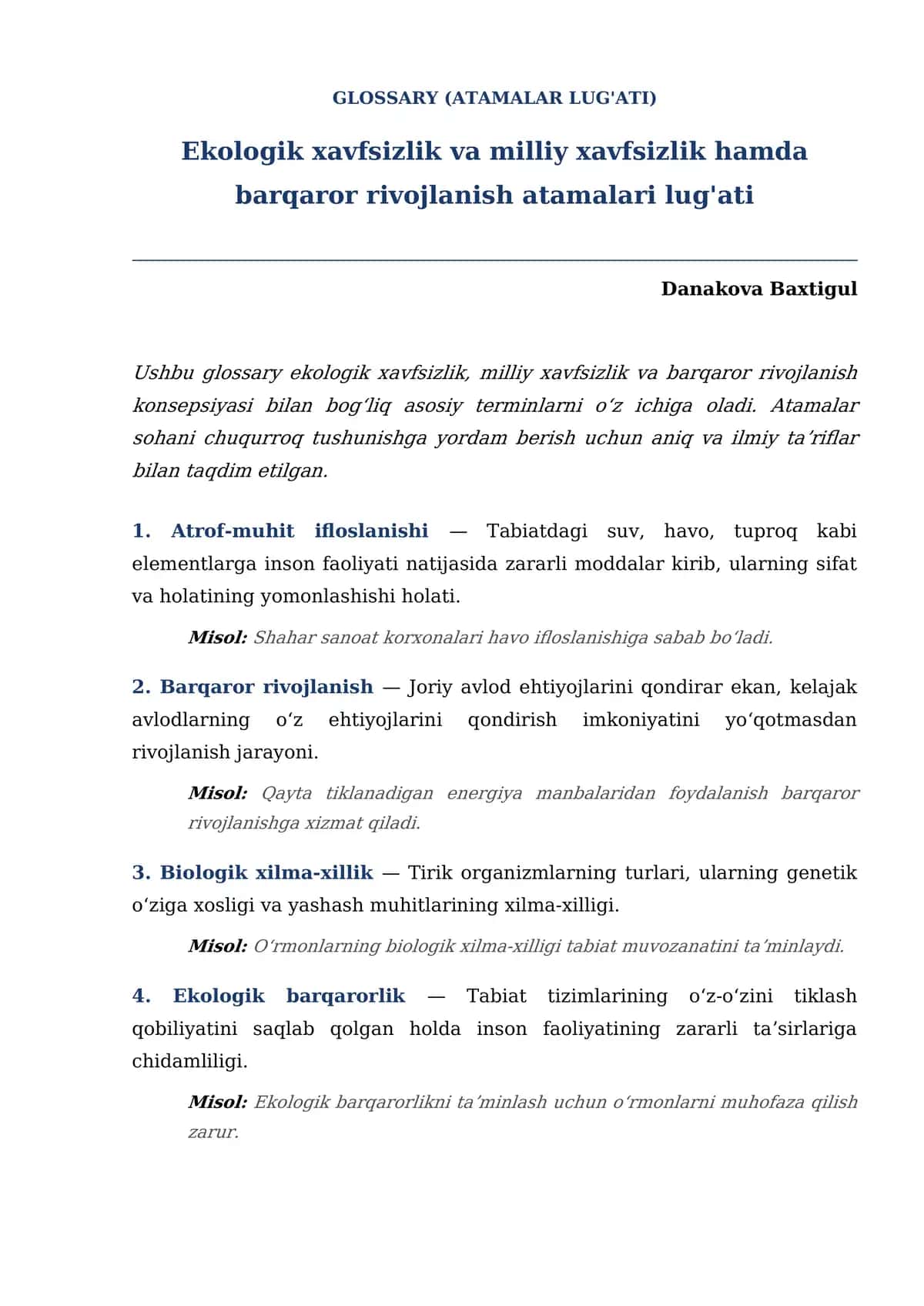 Ekologik xavfsizlik, milliy xavfsizlik va barqaror rivojlanish atamalari lug'ati