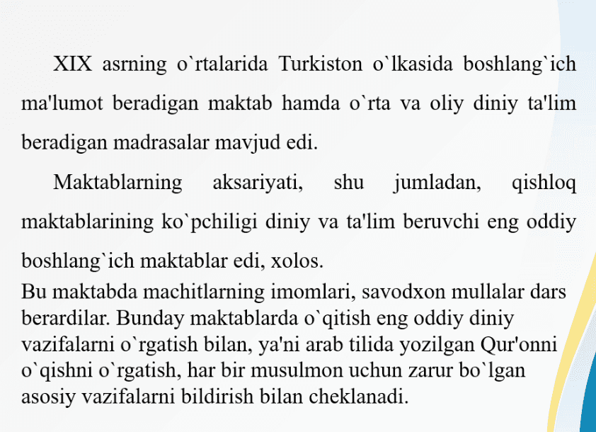 XIX asrning 2-yarmi — XX asrning 1-choragida Turkiston o'lkasida tarbiya maktab va pedagogik fikrlar.