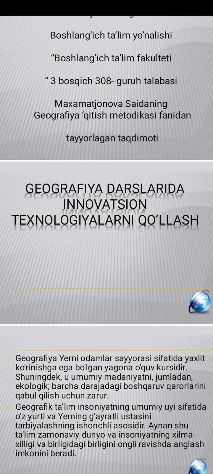 Geografiya darslarida innovatsion texnologiyalarni qo‘llash