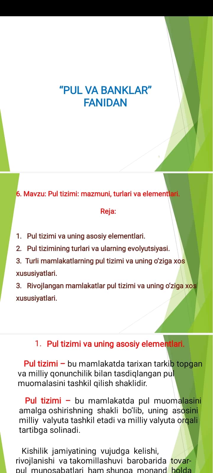 Pul tizimi: mazmuni, turlari va elementlari.
