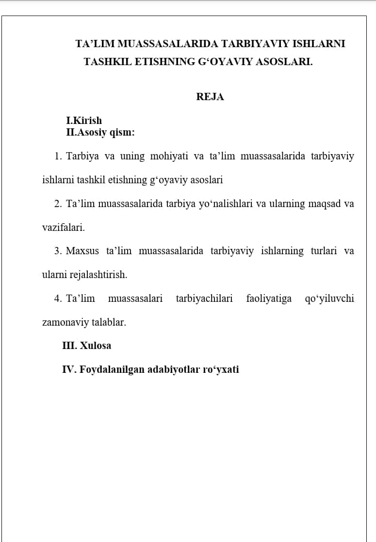 TA’LIM MUASSASALARIDA TARBIYAVIY ISHLARNI TASHKIL ETISHNING GʻOYAVIY ASOSLARI