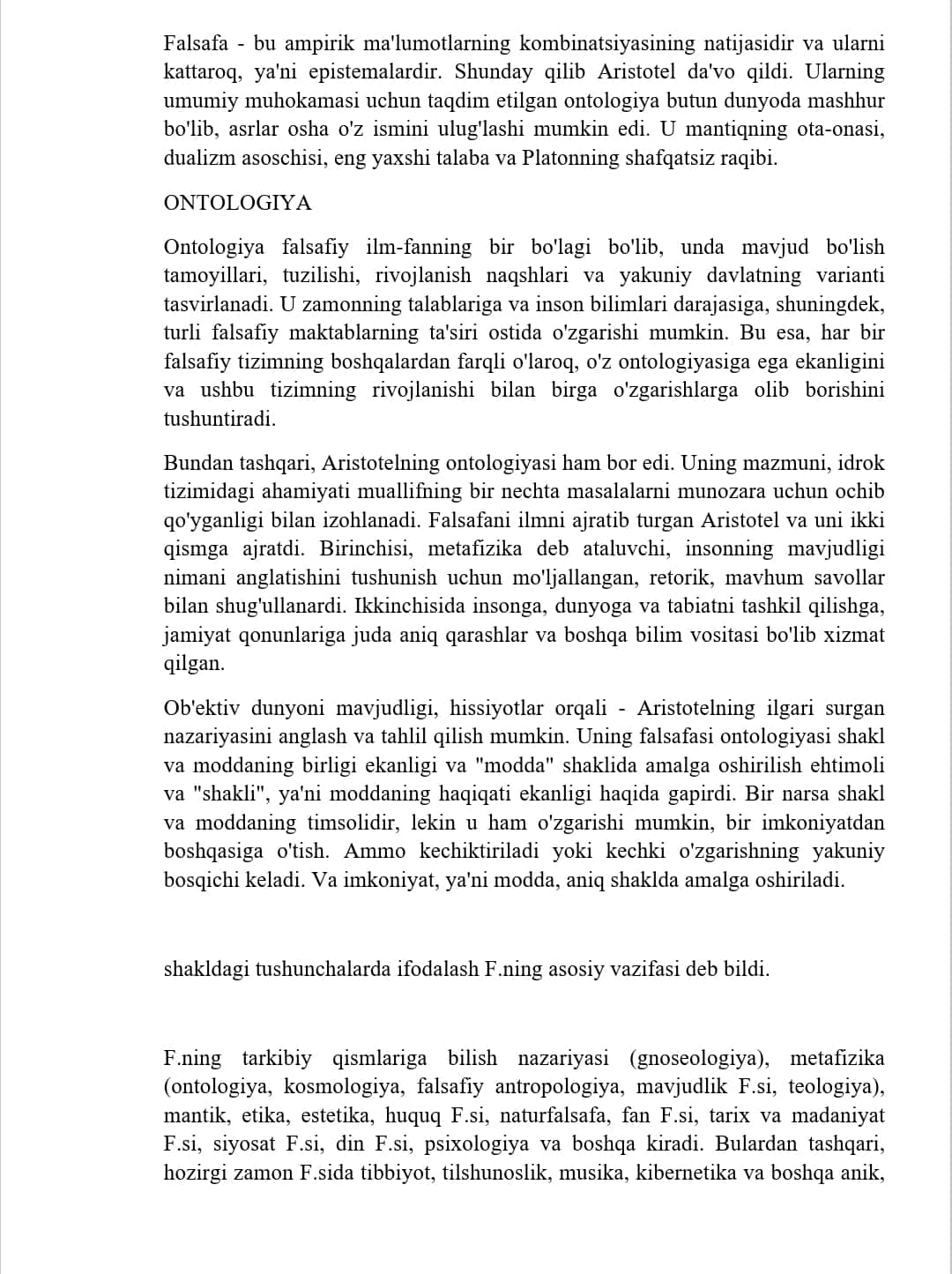 Aristotel, Farobiy va Kand ontologoyasida kategoriyalar tasnifi.