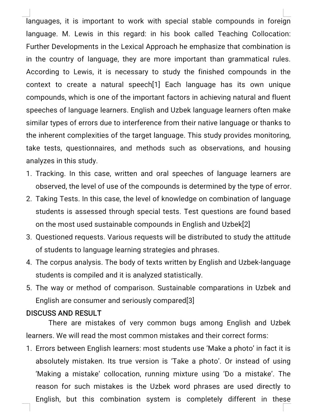 The study of common collocation errors between English and Uzbek learners