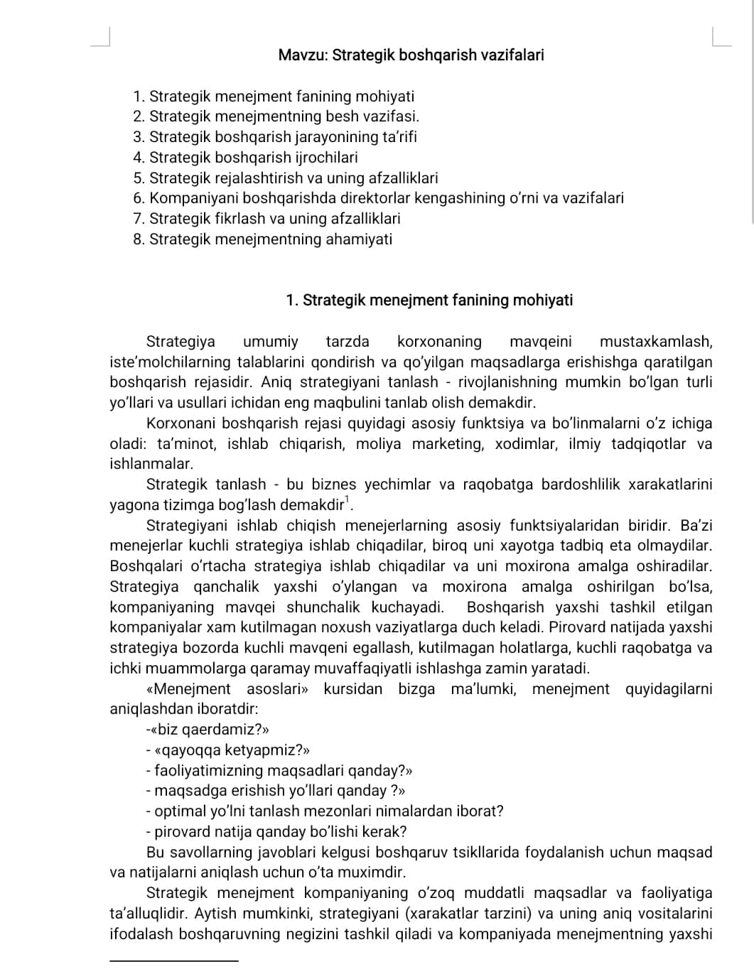 Strategik boshqarish vazifalari mavzusidan mustaqil ish