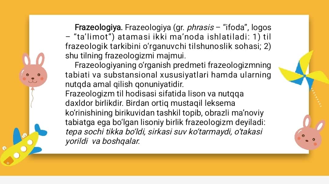 Frazeologik birliklar .Frazeologik birliklarning ko'chma ma'noga asoslanishi.Frazeologik birliklarning ifoda va mazmun plani