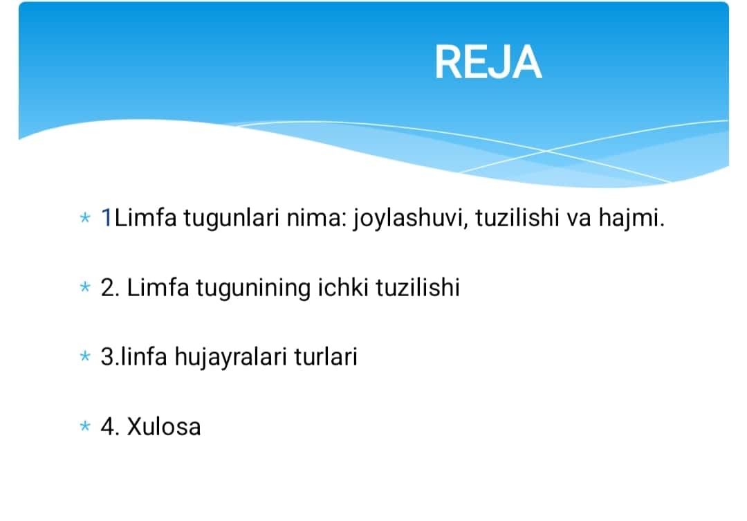 Limfa tugunlari .Birlamchi va ikkilamchi linfa tugunlari (folikular) tuzilishi va hujayra tarkibi.Limfa tugunlarining yoshga qarab o ‘zgarishi va regeneratsiyasi.