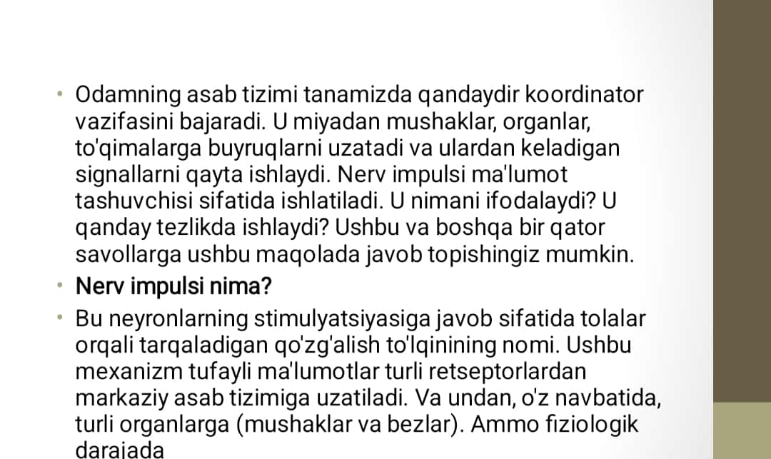 Neyronlarda nerv impulslarining hosil bo’lish mexanizmlari. Nerv tolalari bo‘ylab qo’zgalish o‘tish mexanizmi