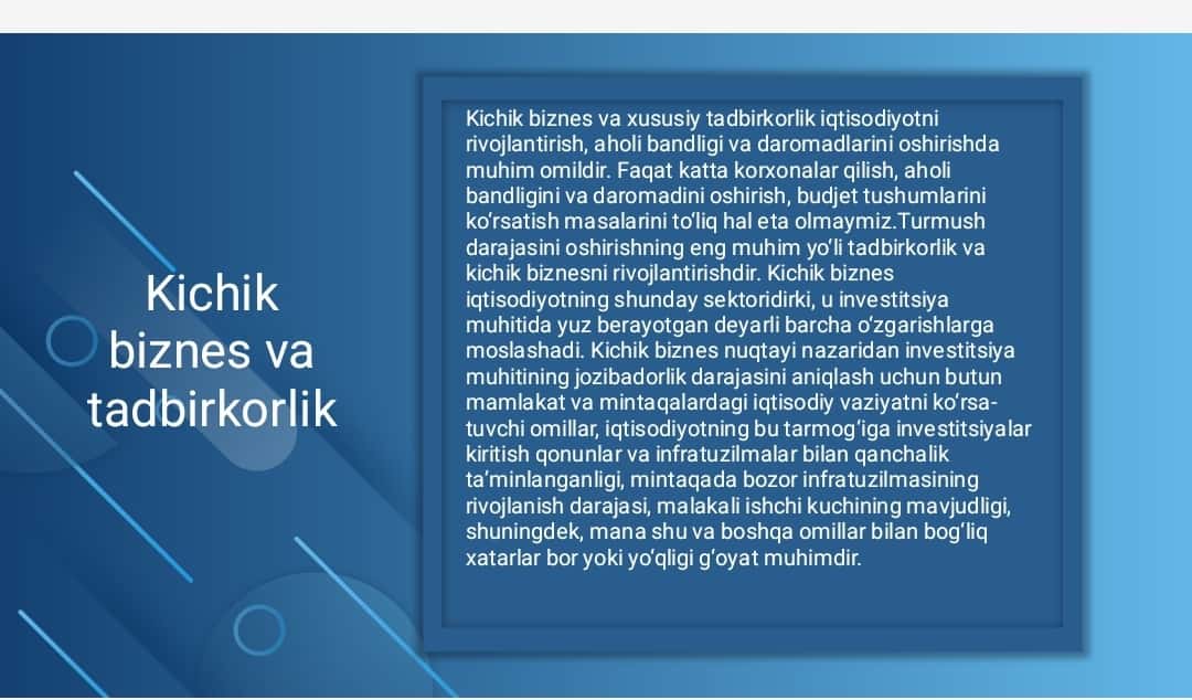 Kichik biznes va tadbirkorlikka xorijiy investitsiyalarni jalb qilish