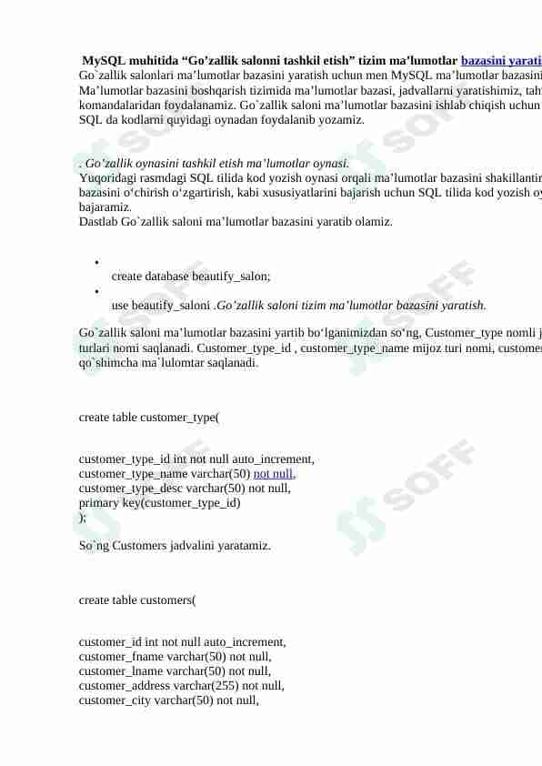 MySQL muhitida “Go’zallik salonni tashkil etish” tizim ma’lumotlar bazasini yaratish