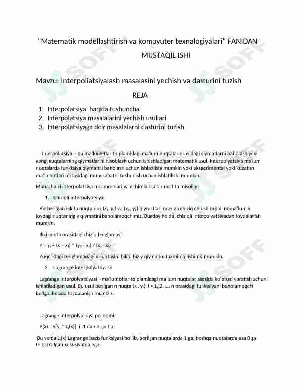Interpoliatsiyalash masalasini yechish va dasturini tuzish
